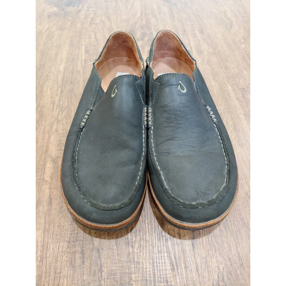 OluKai Moloa Black Leather Casual Slip On Loafers Size 10